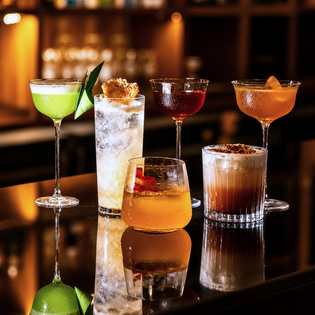 Assorted garnished cocktails on a bar top